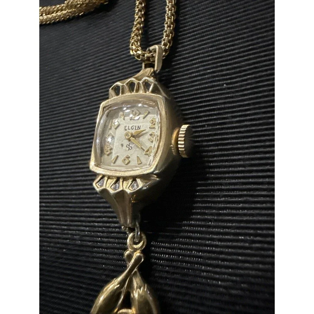 Vintage Elgin Women's Watch 10k RGP Bezel Stainless Back Gold Tone Necklace 30”